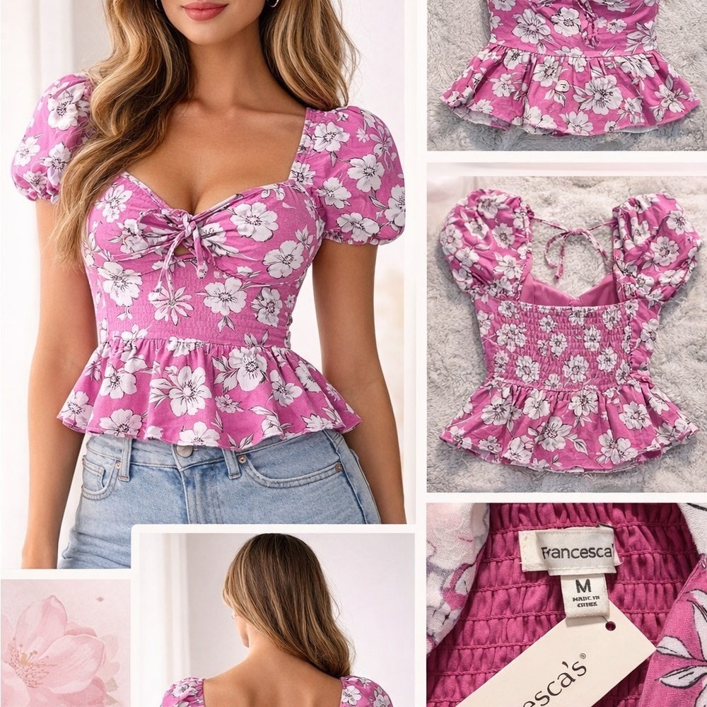 Francesca's Collections Pink Floral Sweetheart Puff-Sleeve Peplum Top